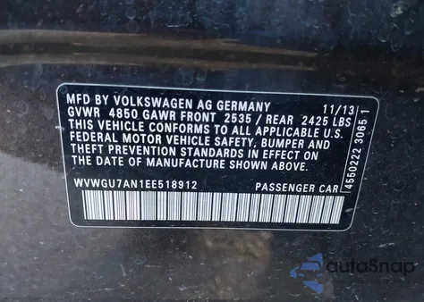 2014 Volkswagen Cc 3.6L Vr6 Executive z USA, uszkodzony, nr VIN WVWGU7AN1EE518912